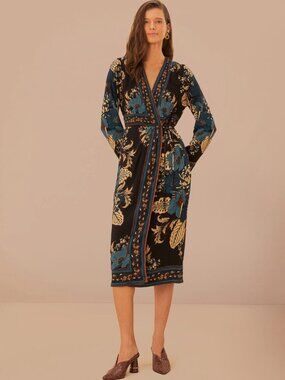 Farm Rio Blossom Tapestry Black Long Sleeves Mini Dress S